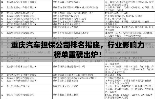 重庆汽车担保公司排名揭晓，行业影响力榜单重磅出炉！